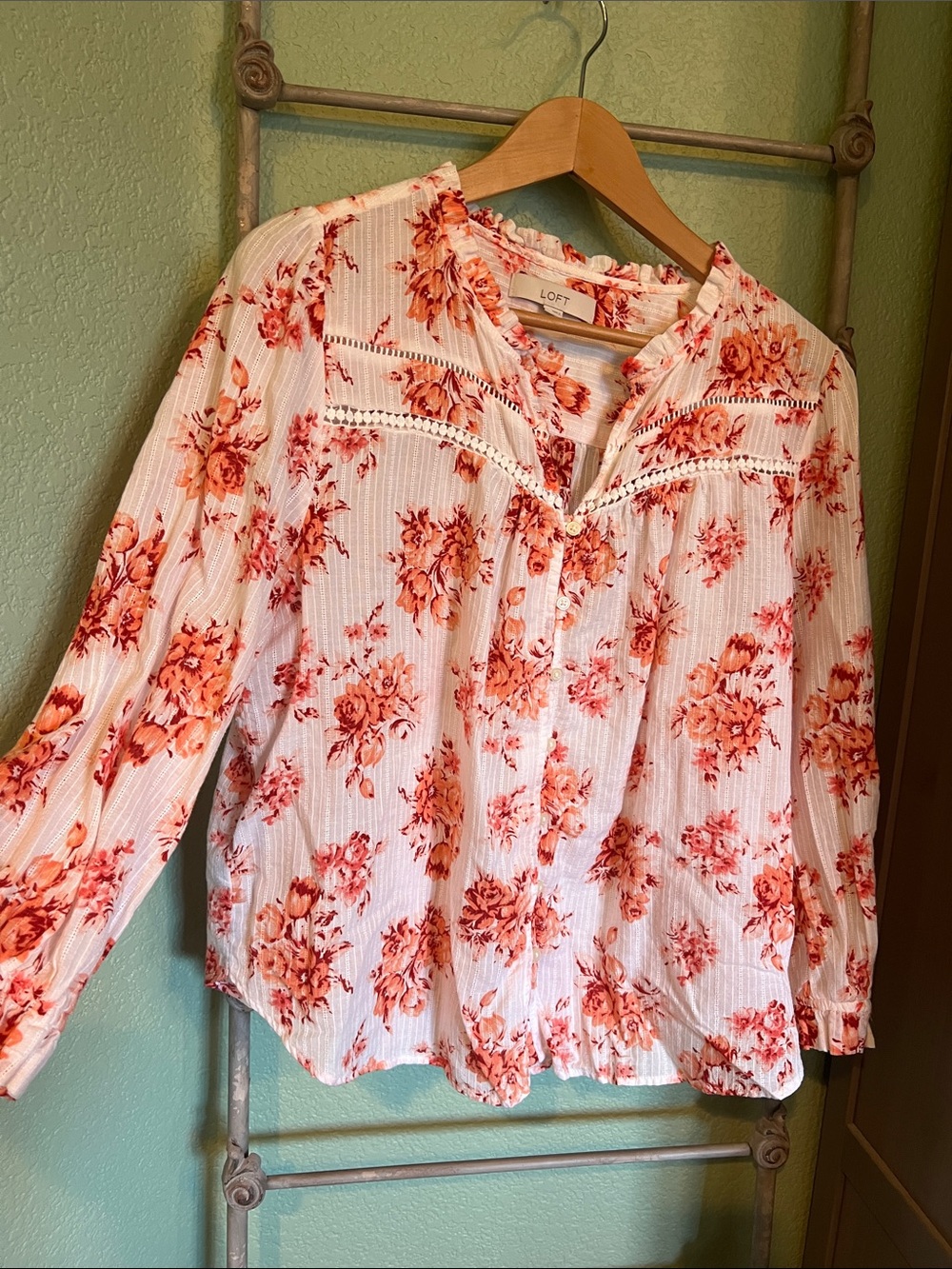 LOFT White Blouse with Coral-Pink Floral Print